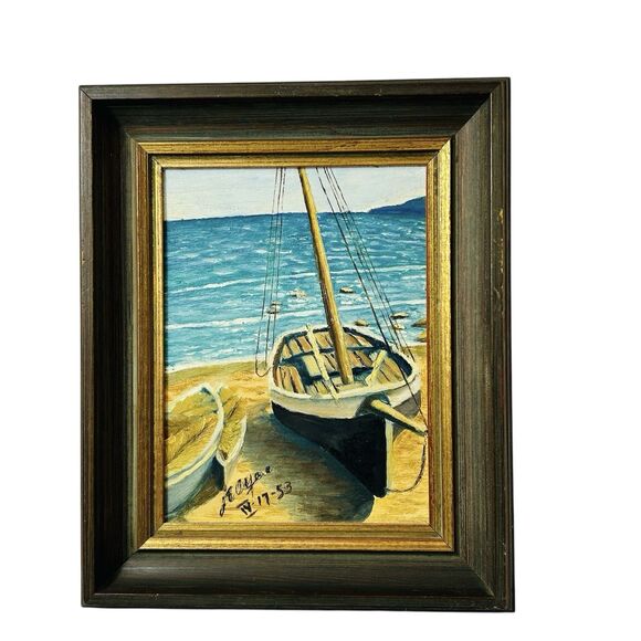 Vintage Sailboat on Beach Oil Painting Signed JE Ayers Framed 9X11" Dated 1953 - Picture 1 of 6